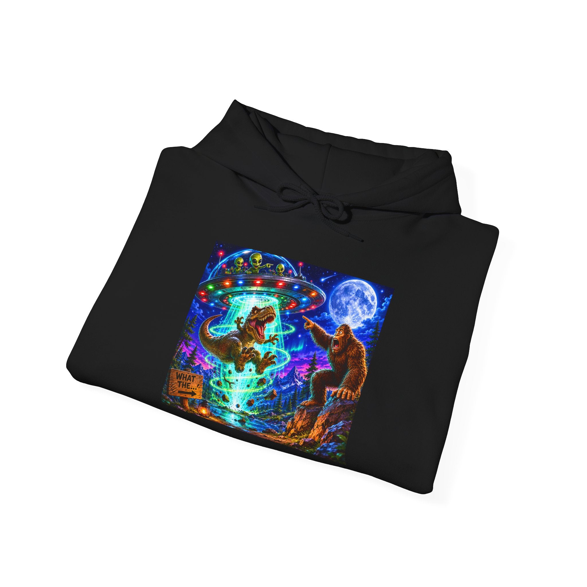 Psychedelic Alien, Dinosaur, Bigfoot Hoodie - Trippy Forest Spirit Graphic Sweatshirt
