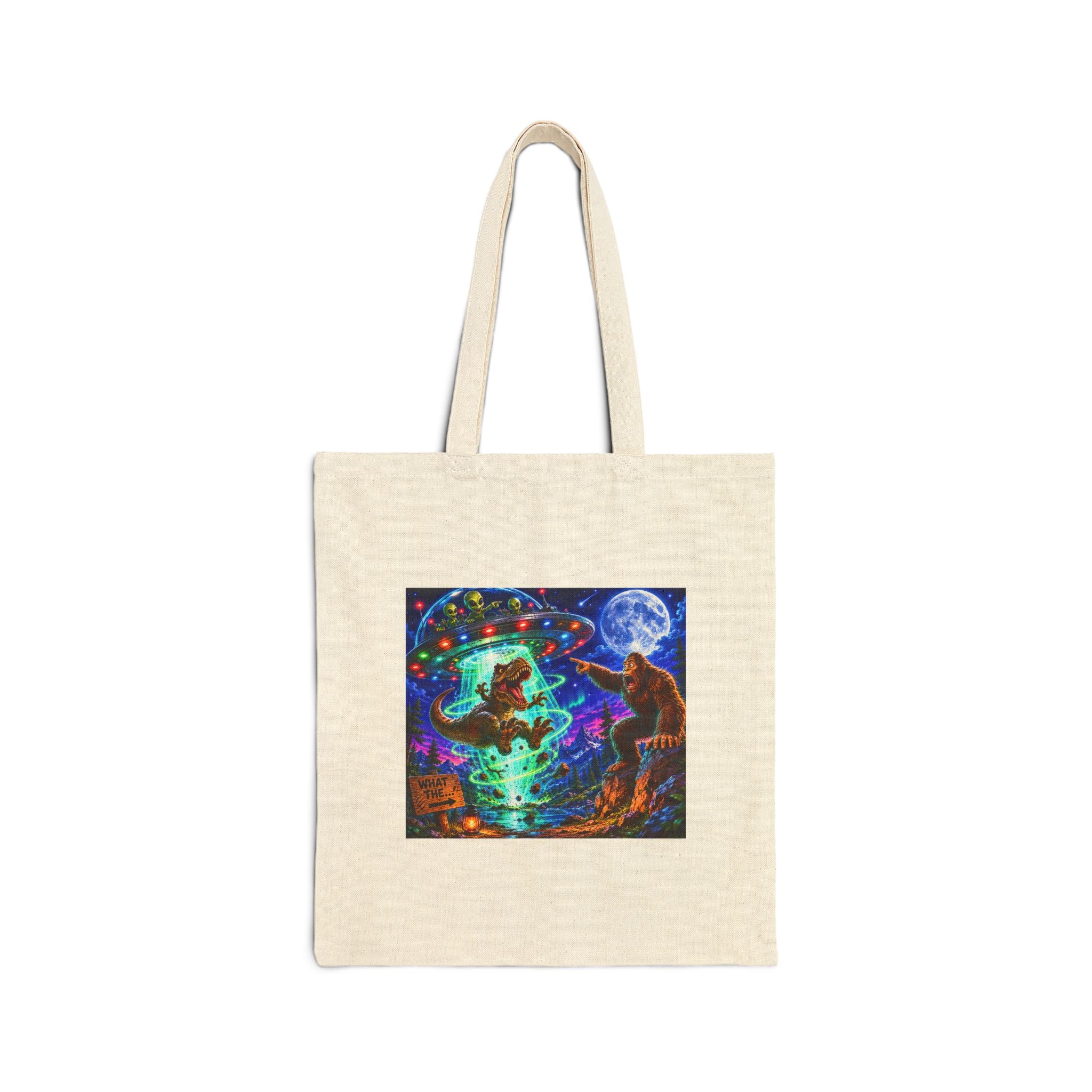 Canvas Tote Bag — Alien Abduction of Dinosaur with BigFoot