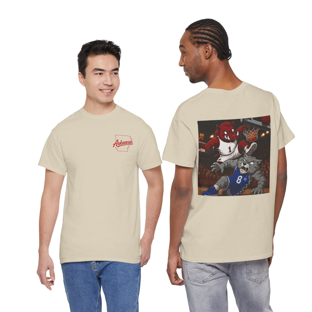 Arkansas Razorbacks Basketball Mascot Tee — Back Graphic Dunking Hog + Front Script Logo