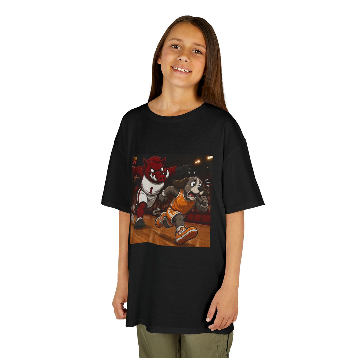 Kids Basketball Mascot Tee — Playful Cartoon Dunk Design
