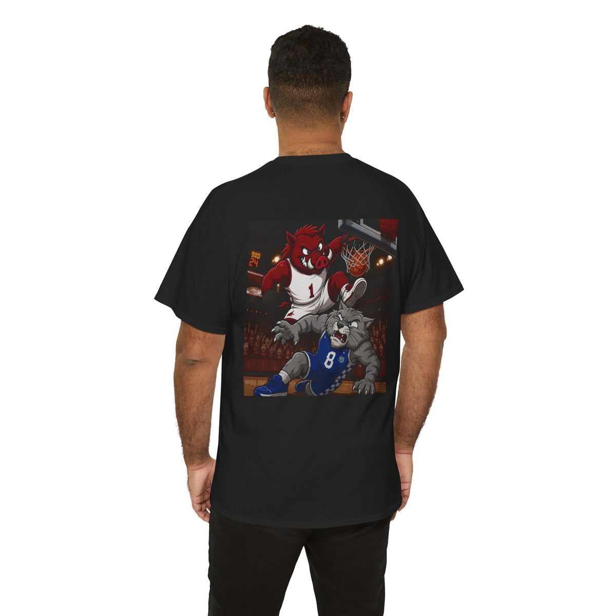 Arkansas Razorbacks Basketball Mascot Tee — Back Graphic Dunking Hog + Front Script Logo