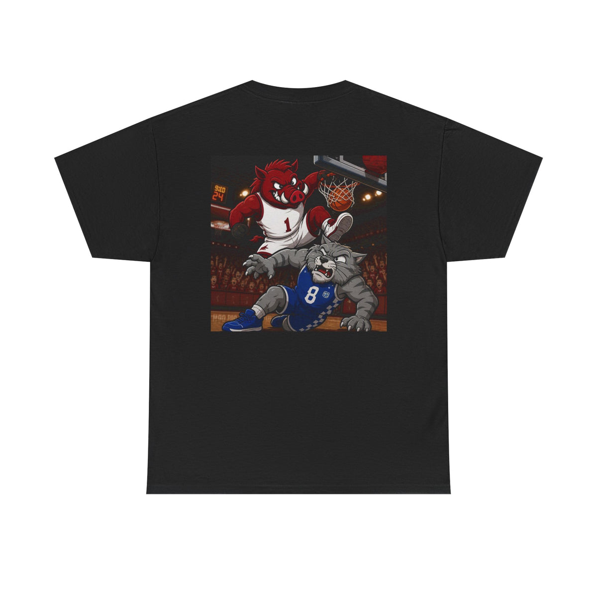 Arkansas Razorbacks Basketball Mascot Tee — Back Graphic Dunking Hog + Front Script Logo
