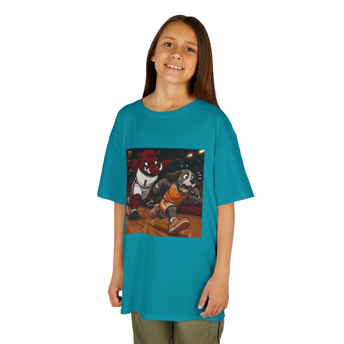 Kids Basketball Mascot Tee — Playful Cartoon Dunk Design