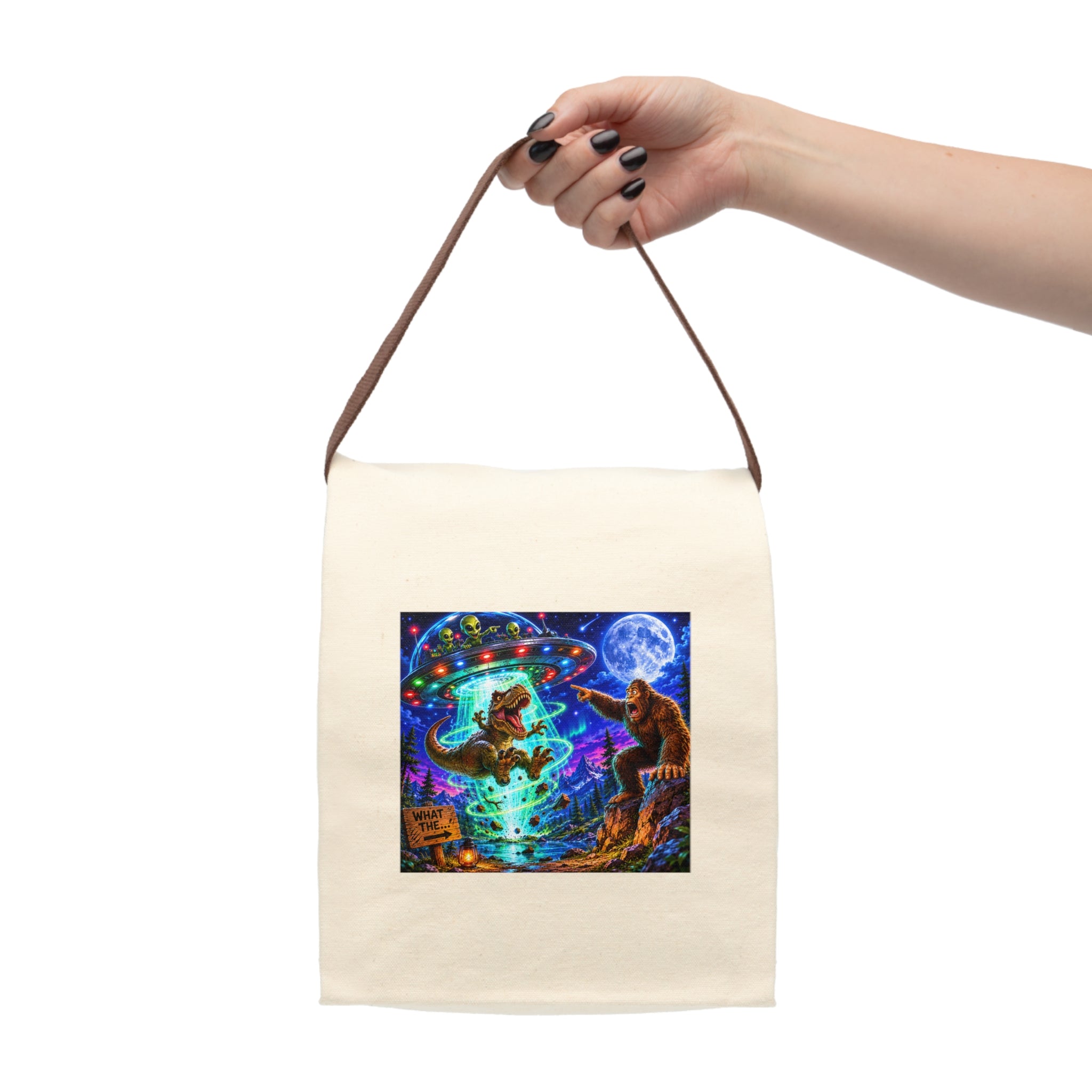 Canvas Lunch Bag — Alien Abduction Dinosaur with Bigfoot Design