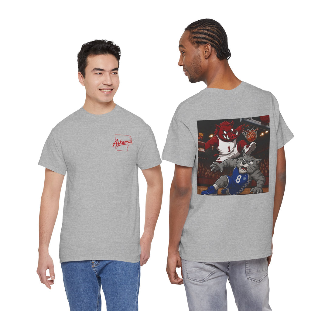 Arkansas Razorbacks Basketball Mascot Tee — Back Graphic Dunking Hog + Front Script Logo