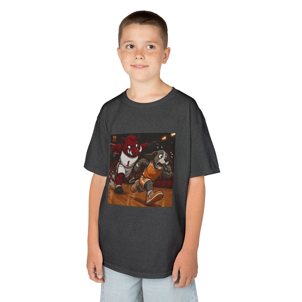Kids Basketball Mascot Tee — Playful Cartoon Dunk Design