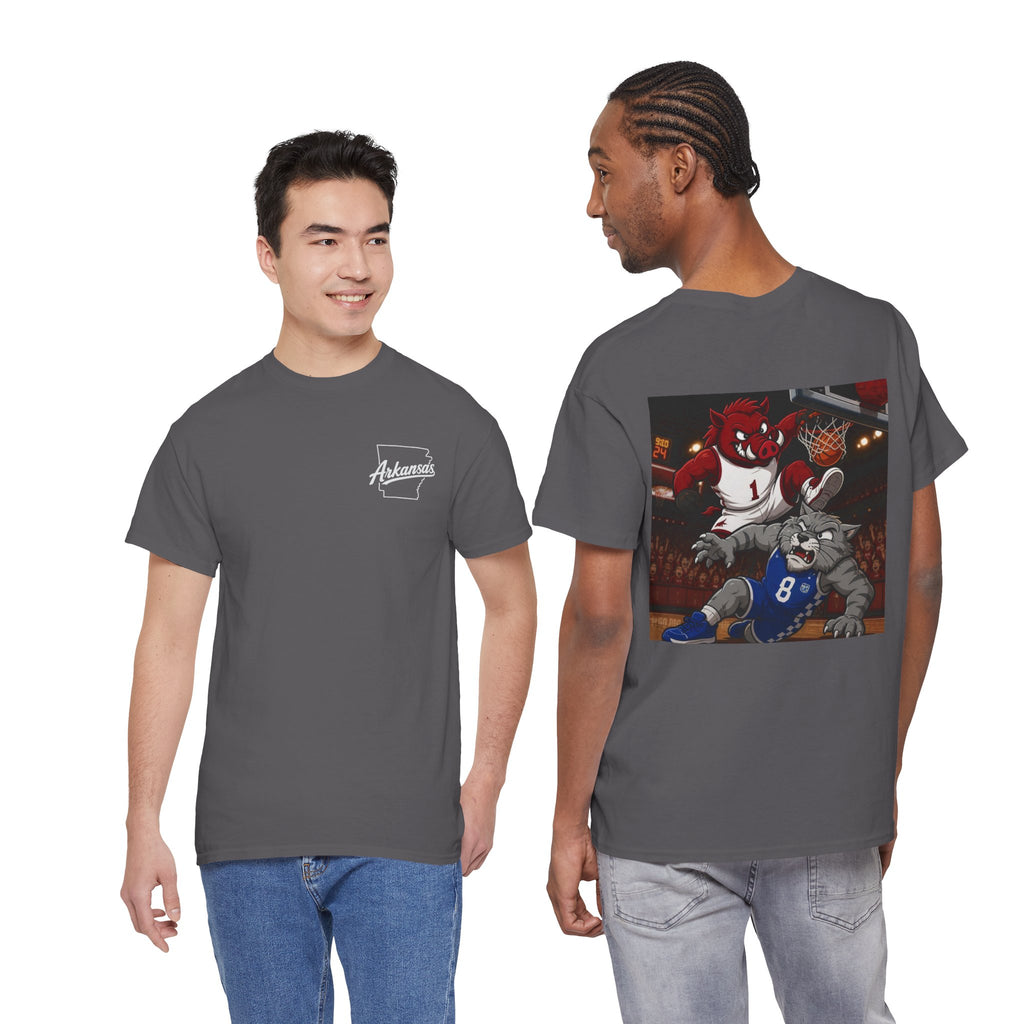 Arkansas Razorbacks Basketball Mascot Tee — Back Graphic Dunking Hog + Front Script Logo