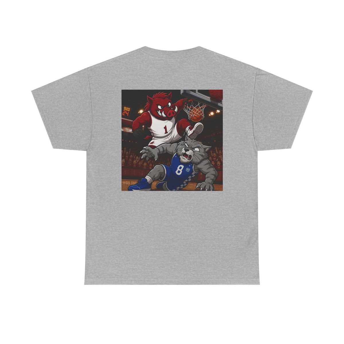 Arkansas Razorbacks Basketball Mascot Tee — Back Graphic Dunking Hog + Front Script Logo