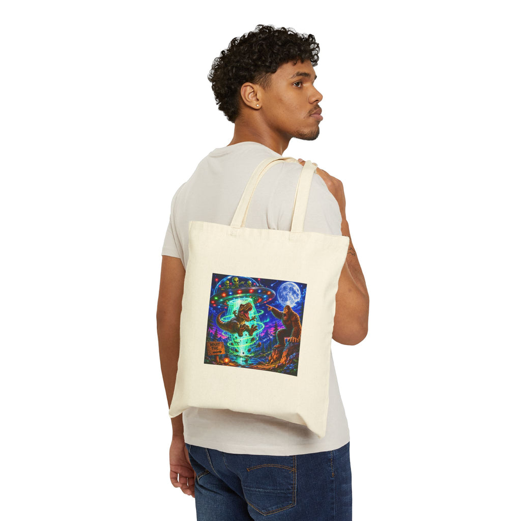 Canvas Tote Bag — Alien Abduction of Dinosaur with BigFoot