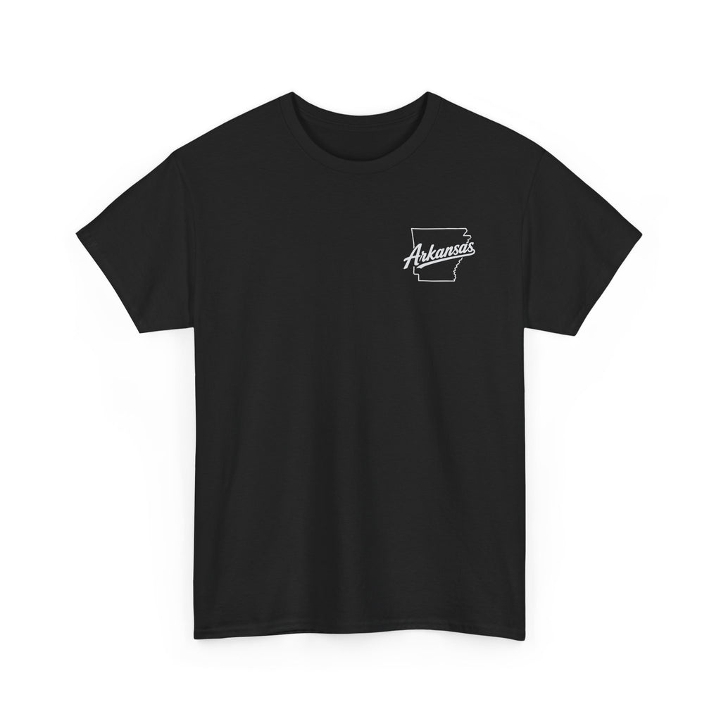 Arkansas Razorbacks Basketball Mascot Tee — Back Graphic Dunking Hog + Front Script Logo