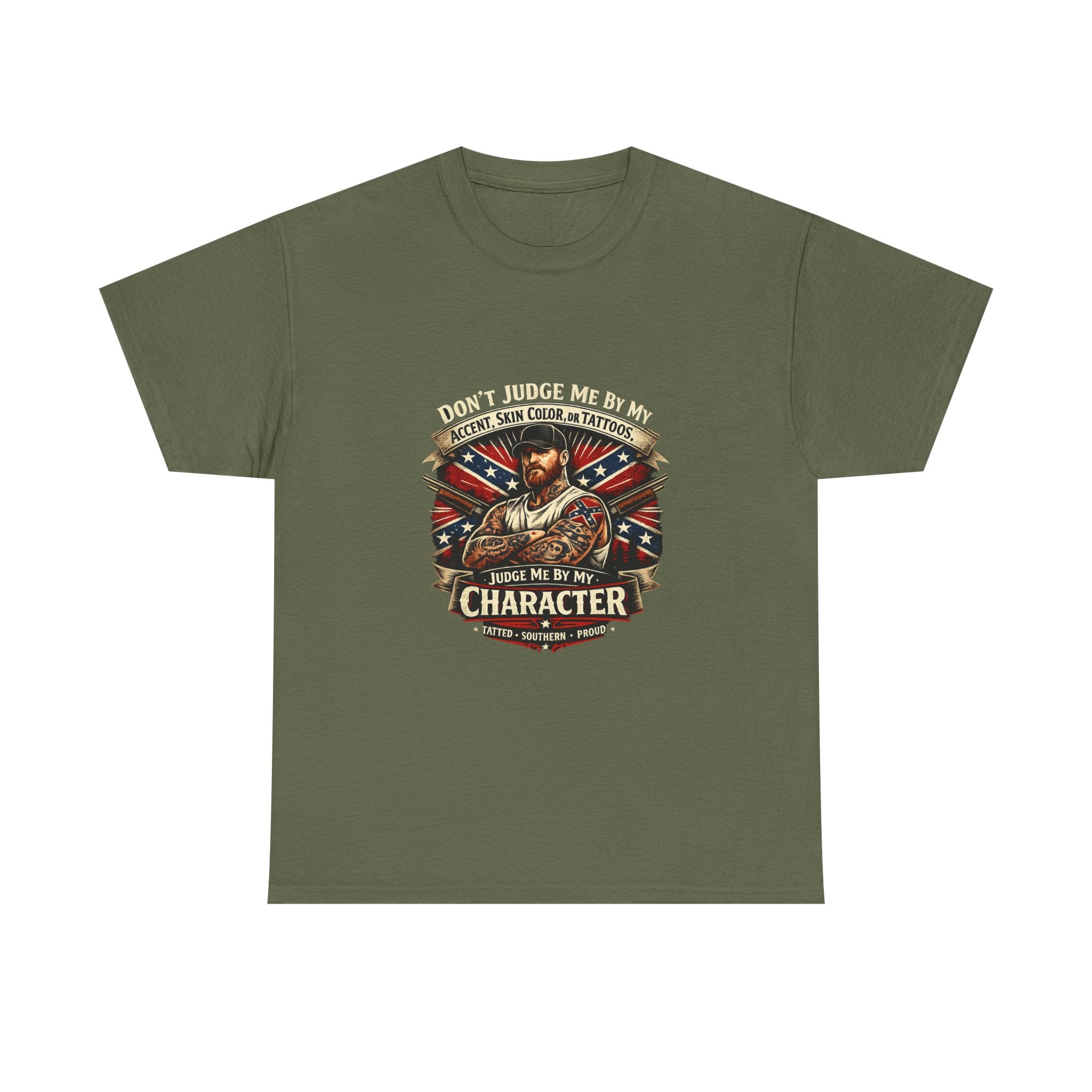 T-Shirt — "Don't Judge Me by My Skin, Accent, or Tattoo, Judge Me by My Character" Patriotic Vintage Design