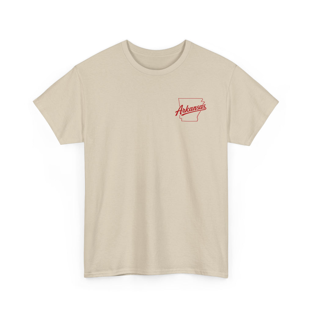 Arkansas Razorbacks Basketball Mascot Tee — Back Graphic Dunking Hog + Front Script Logo