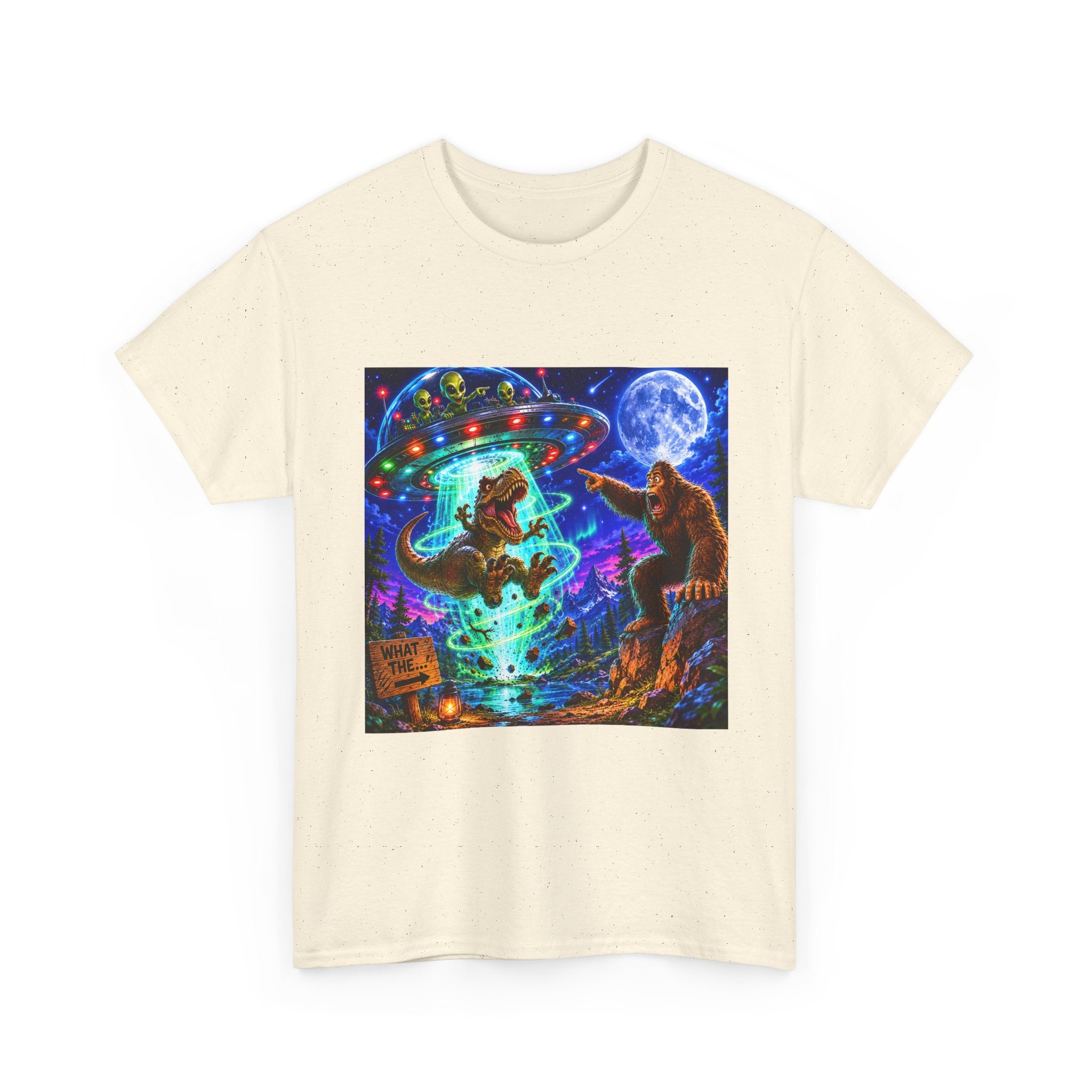 UFO Bigfoot Abduction T-Shirt — Neon Retro Alien Party Tee