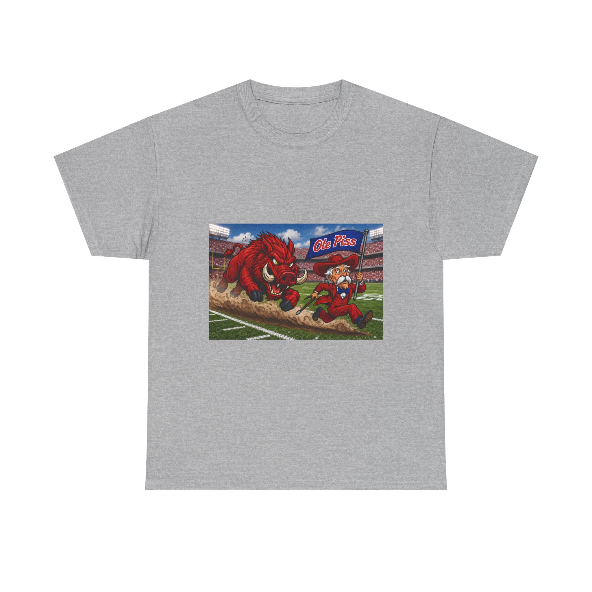 College Football Mascot Tee — 'Ole Piss' Running Hog Chasing Colonel Graphic