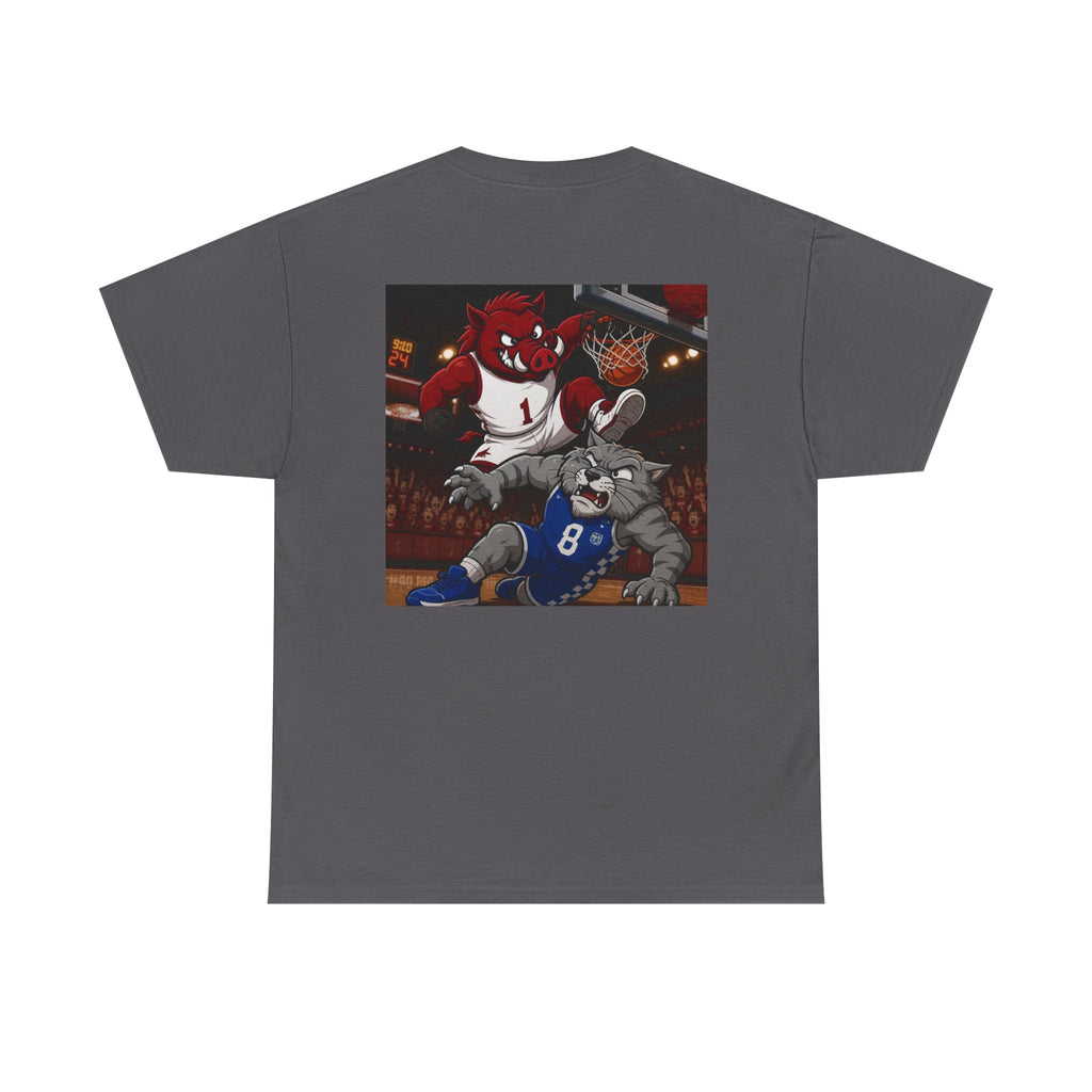 Arkansas Razorbacks Basketball Mascot Tee — Back Graphic Dunking Hog + Front Script Logo