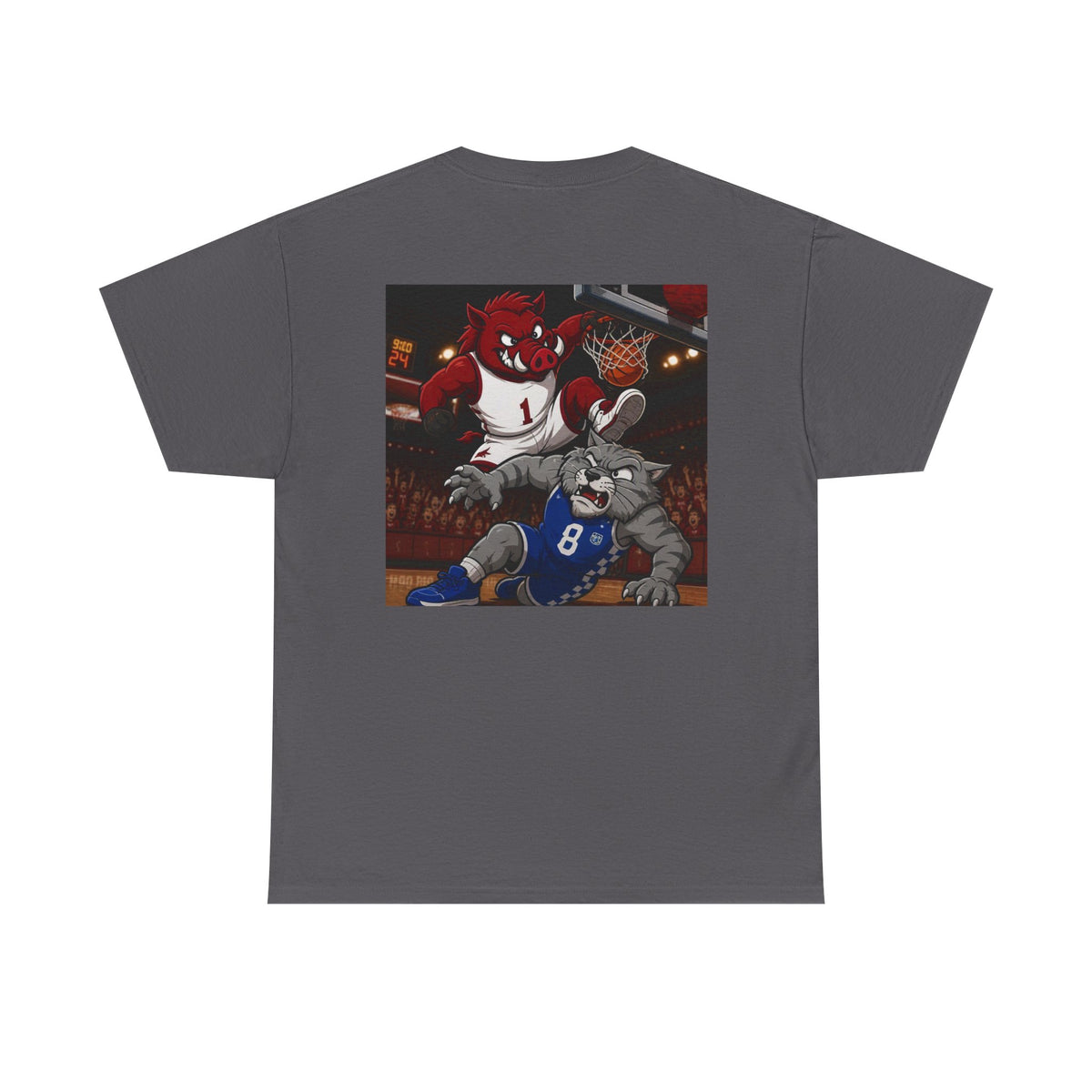 Arkansas Razorbacks Basketball Mascot Tee — Back Graphic Dunking Hog + Front Script Logo