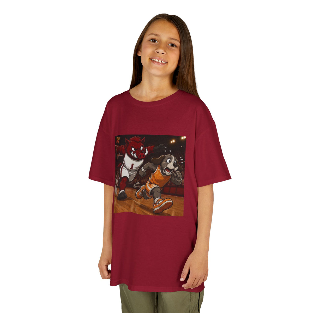 Kids Basketball Mascot Tee — Playful Cartoon Dunk Design