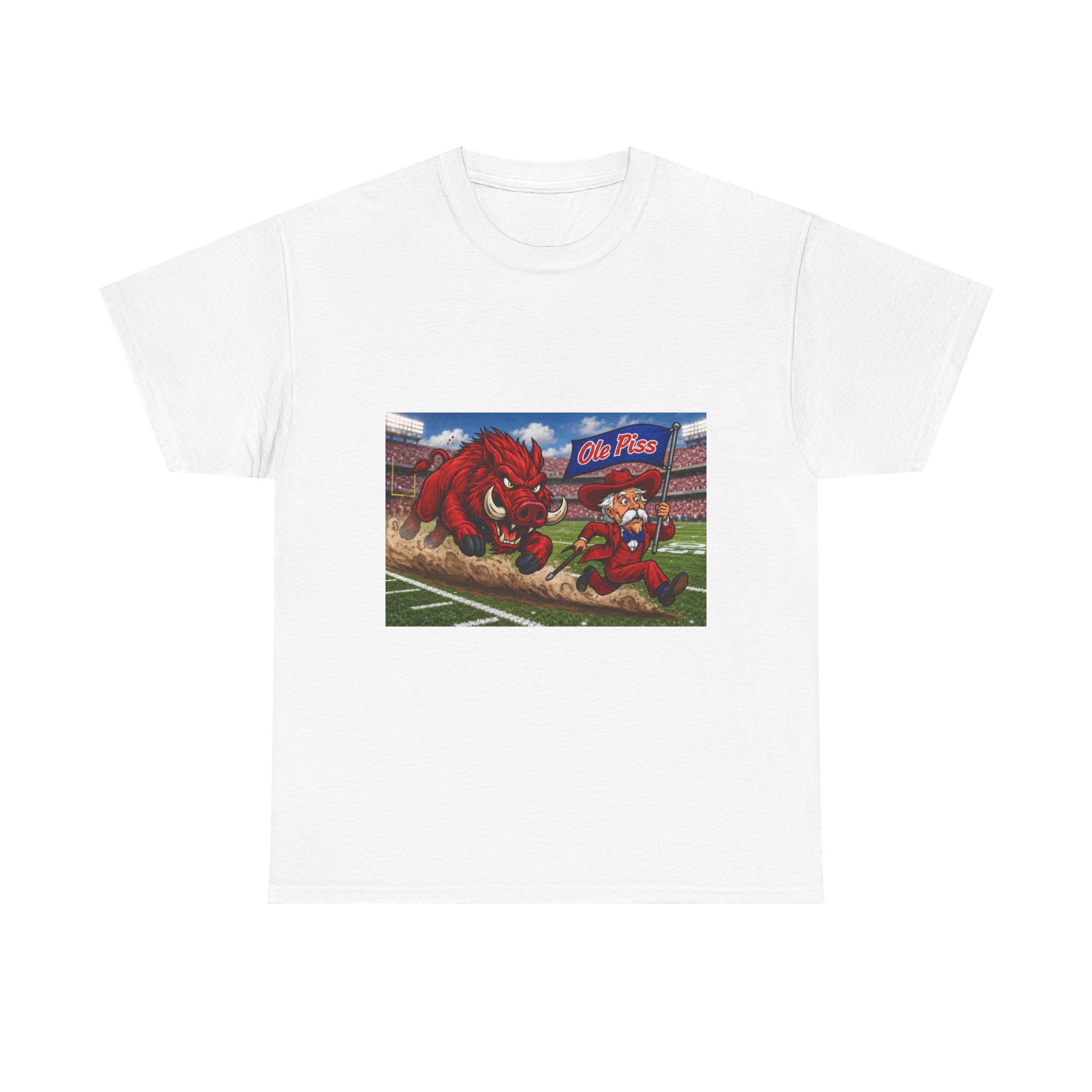College Football Mascot Tee — 'Ole Piss' Running Hog Chasing Colonel Graphic