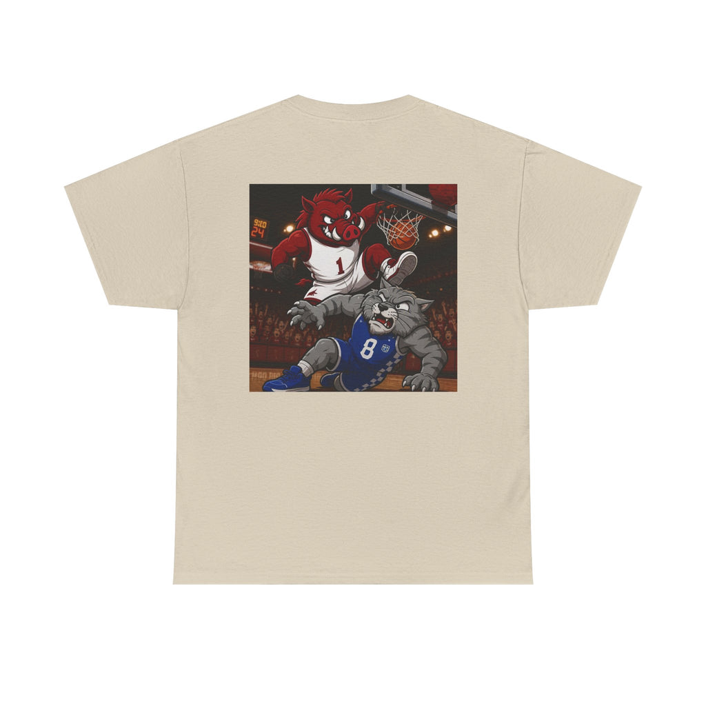 Arkansas Razorbacks Basketball Mascot Tee — Back Graphic Dunking Hog + Front Script Logo