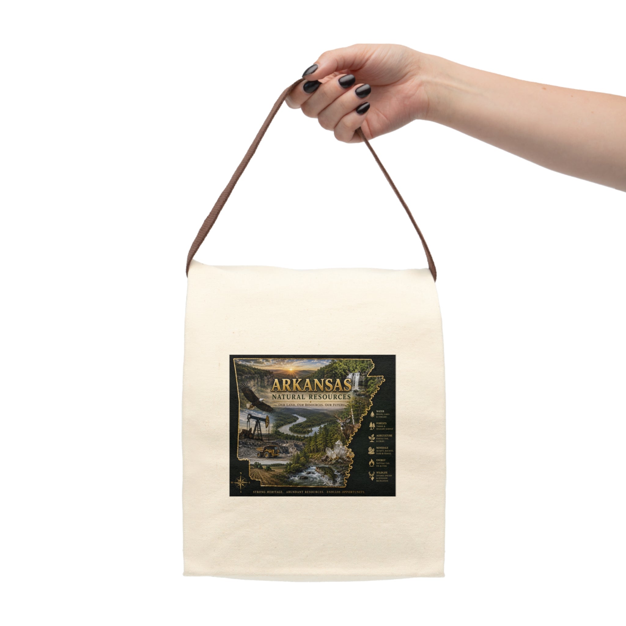 Arkansas Natural Resources Canvas Lunch Bag — State Map & Wildlife Design